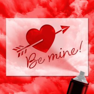 Sprühschablone mit Herz und Schriftzug 'Be mine' – kreative DIY-Vorlage für romantische Kunstprojekte
