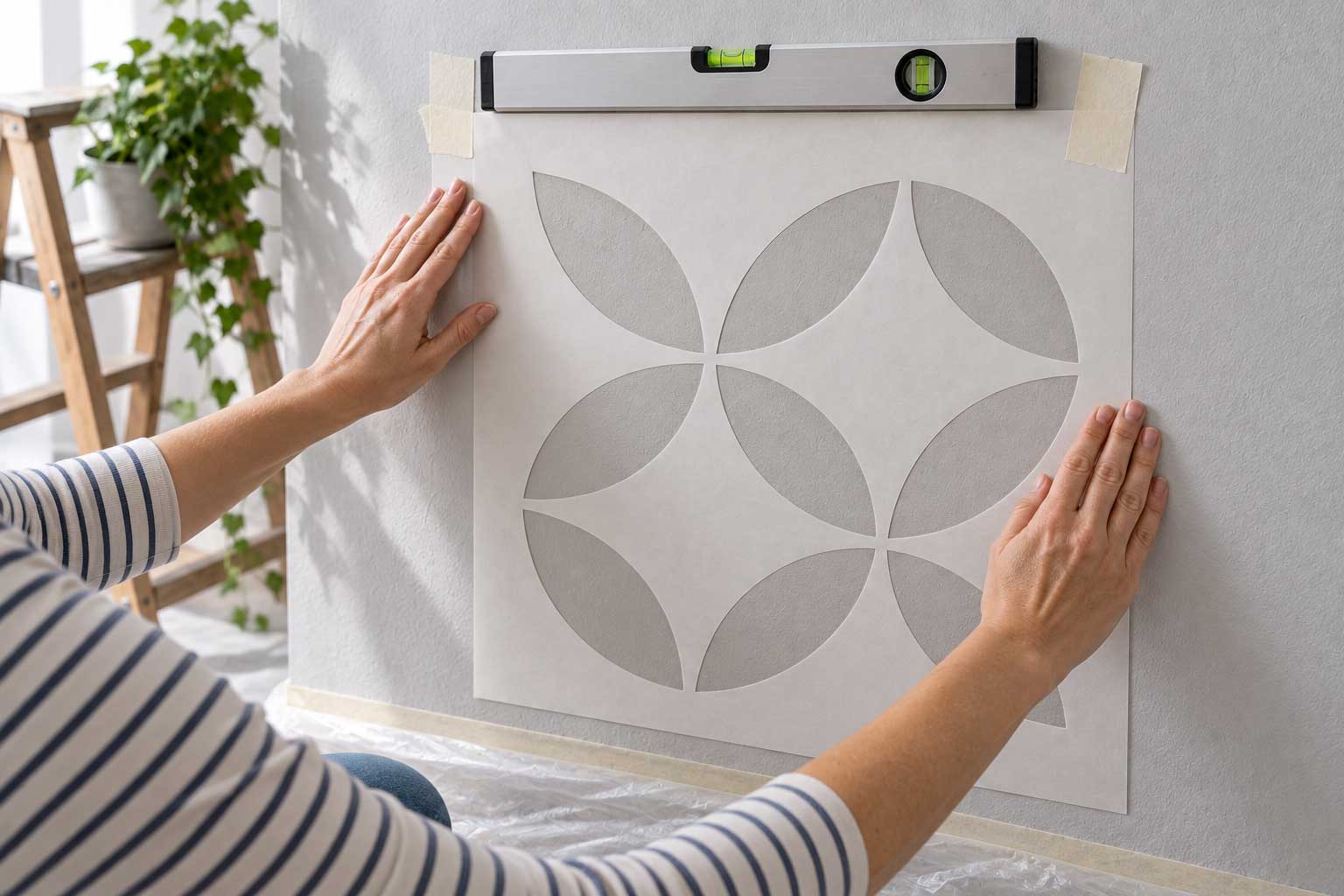 Malerschablone mit geometrischem Motiv an einer Wand ausrichten