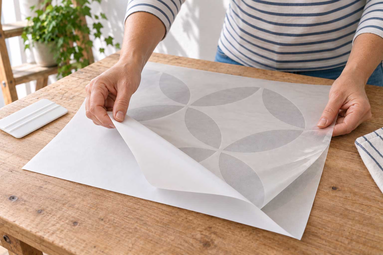 Rückseitiges Trägerpapier einer selbstklebenden Malerschablone abziehen