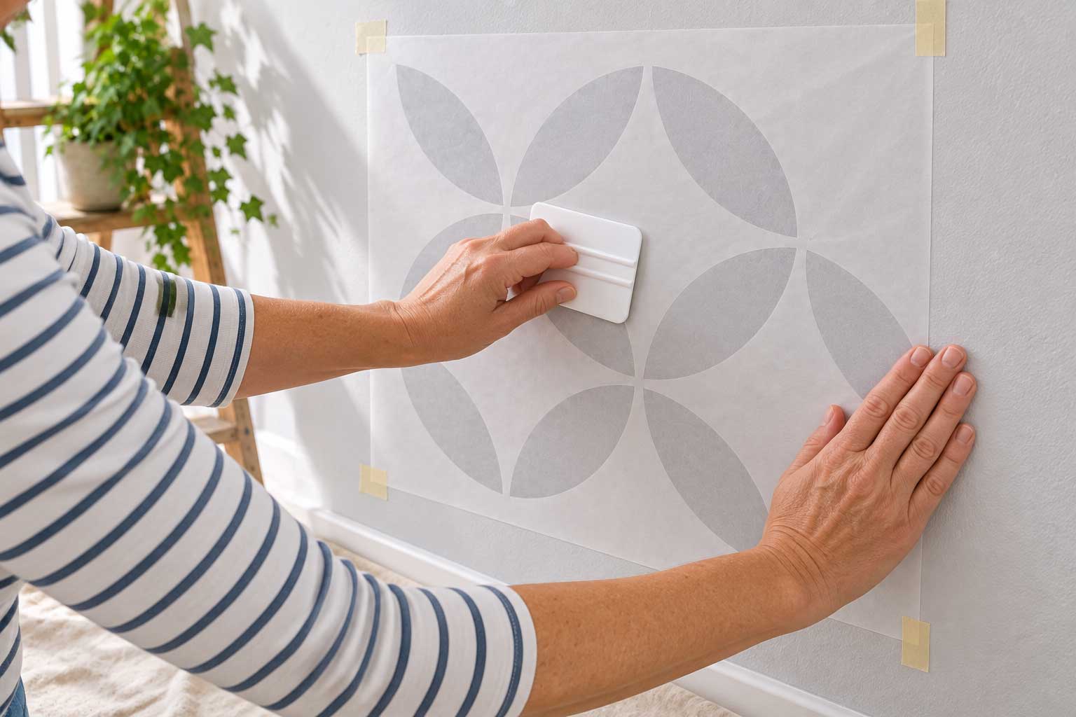 Selbstklebende Malerschablone mit einer Rakel an der Wand befestigen