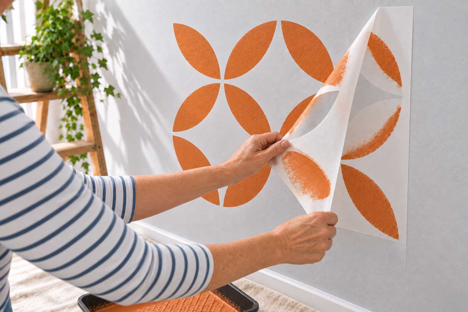 Selbstklebende Malerschablone entfernen und orangefarbenes Wandmotiv freilegen